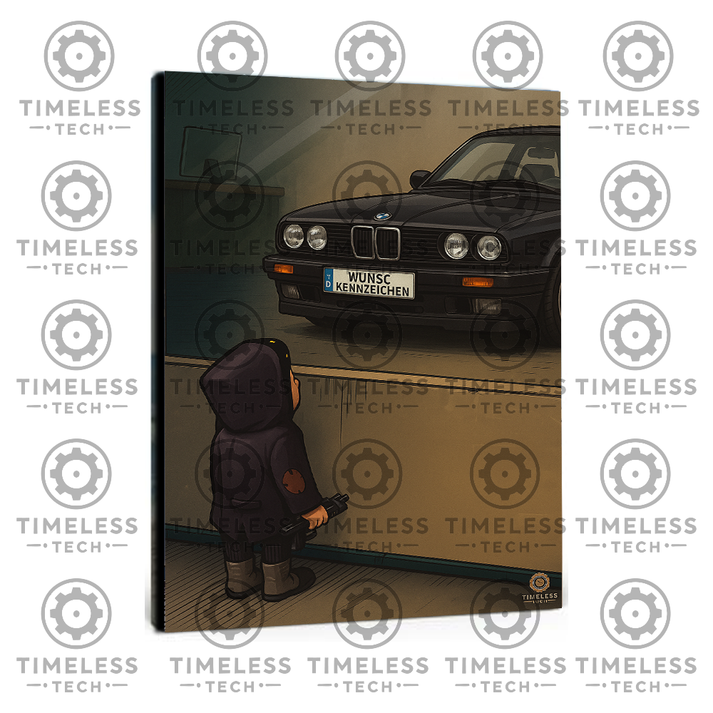 Showroom-Illustration eines BMW E30 als Wandbild