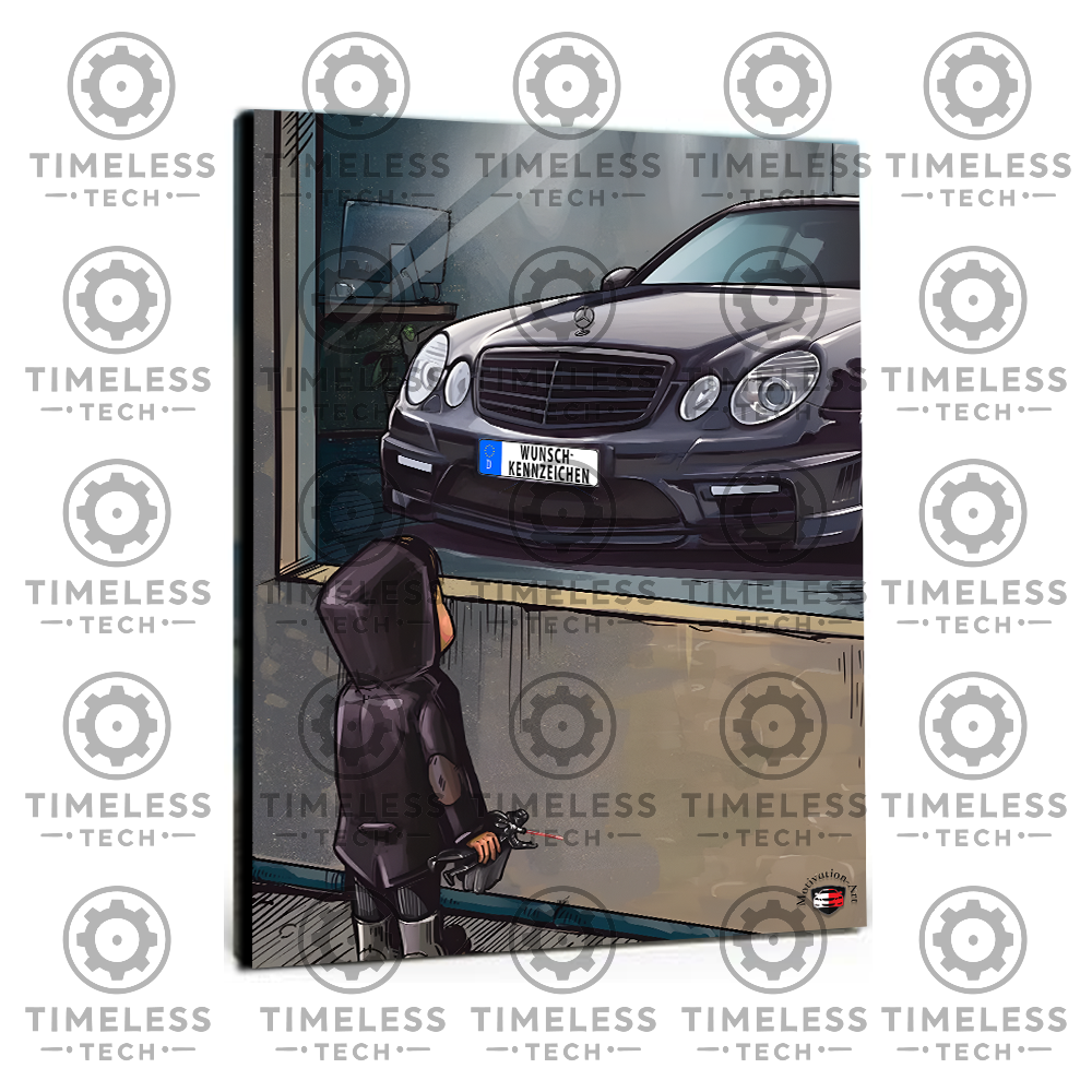 „Leinwanddruck Mercedes-Benz W211 E-Klasse – stilisierte Illustration vor Showroom mit Kind“ AMG