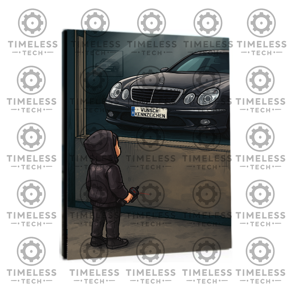 „Leinwanddruck Mercedes-Benz W211 E-Klasse – stilisierte Illustration vor Showroom mit Kind“